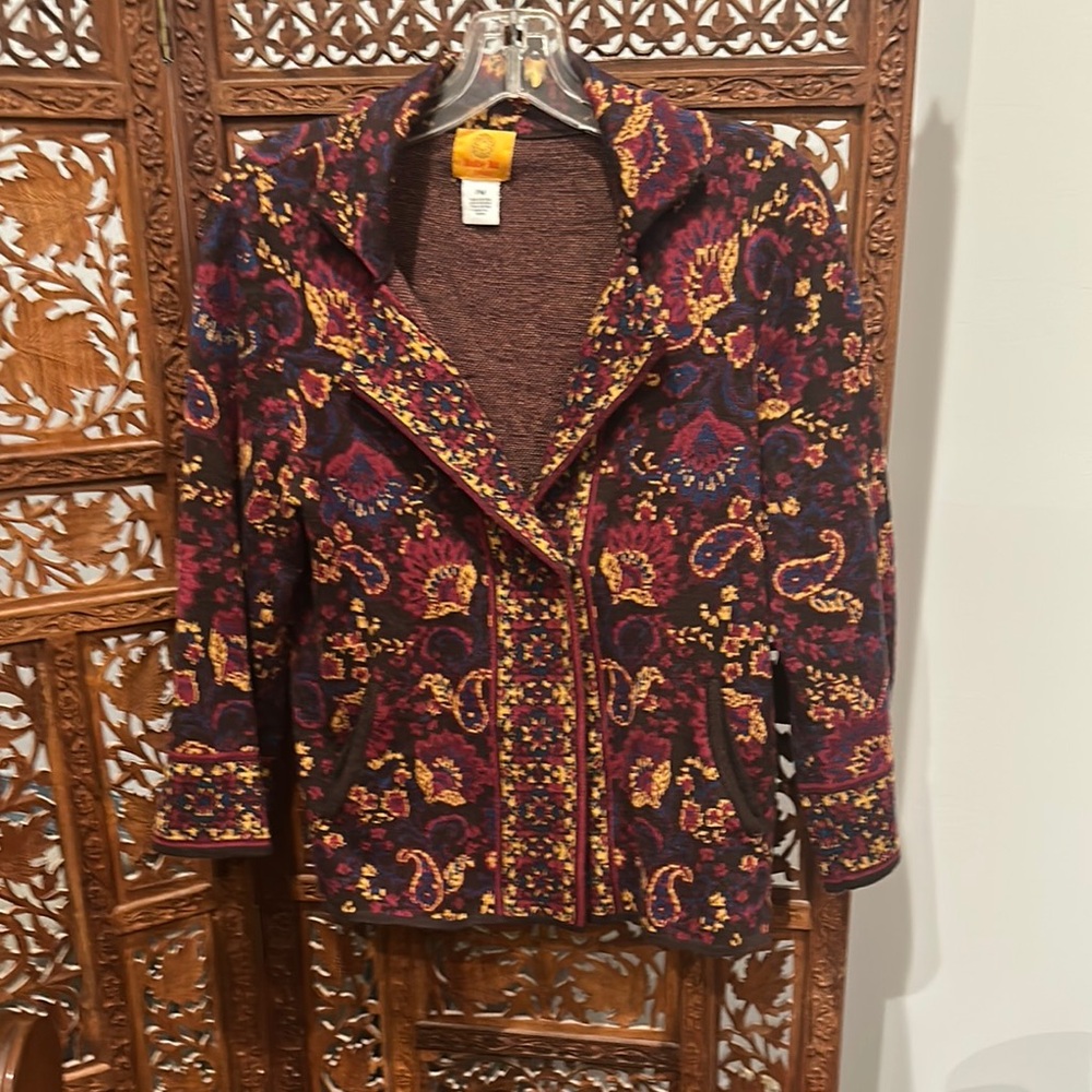 Vintage, Ruby Red jacket. Beautifully paisley. Very soft and cuddly.